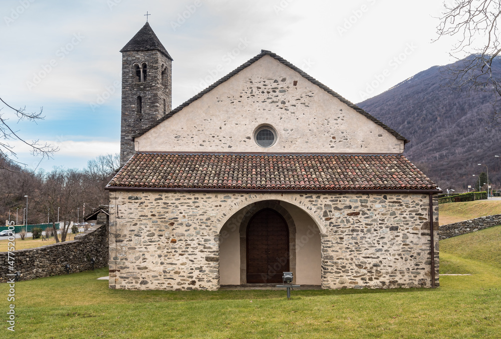 Medieval catholic parish Church of San Mamete with the bell tower in Mezzovico, Ticino, Switzerland.