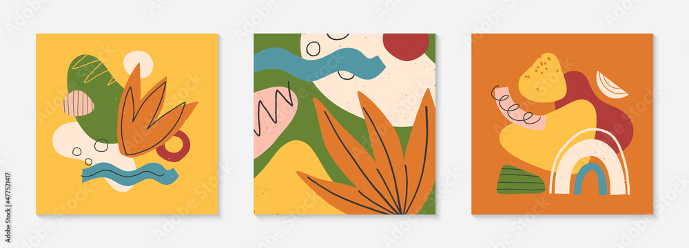 Naklejka premium Set of abstract vector illustrations with hand drawn various organic shapes and graphic elements.Trendy artistic contemporary designs for prints,flyers,banners,invitations,branding design,covers