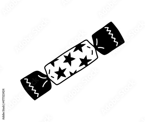 Hand drawn cartoon illustration of outline party cracker. Cute doodle simple bon bon, firecracker line art. Flat vector pyrotechnics, festive, celebration, Christmas sticker, icon or print. Isolated.