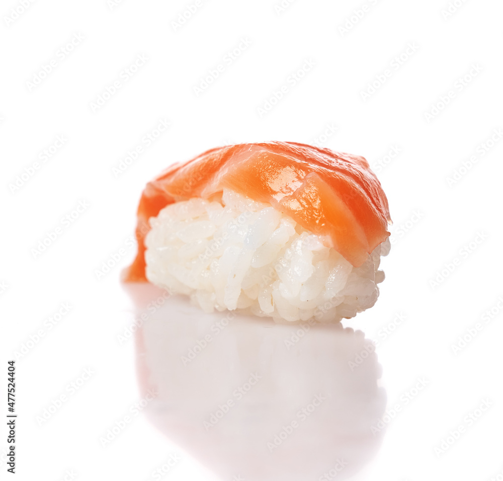 Single salmon nigiri sushi isolated on white background Single salmon nigiri sushi isolated on white background