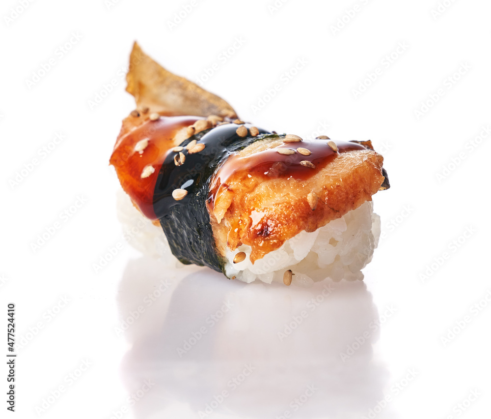 Single unagi nigiri sushi isolated on white background Single unagi nigiri sushi isolated on white background