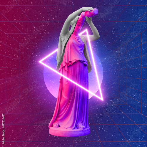 Modern conceptual art poster with blue pink colorful ancient statue with cyberpunk aesthetics. Contemporary art collage. Concept of retro wave style posters. Glitch effects. 3d illustration photo