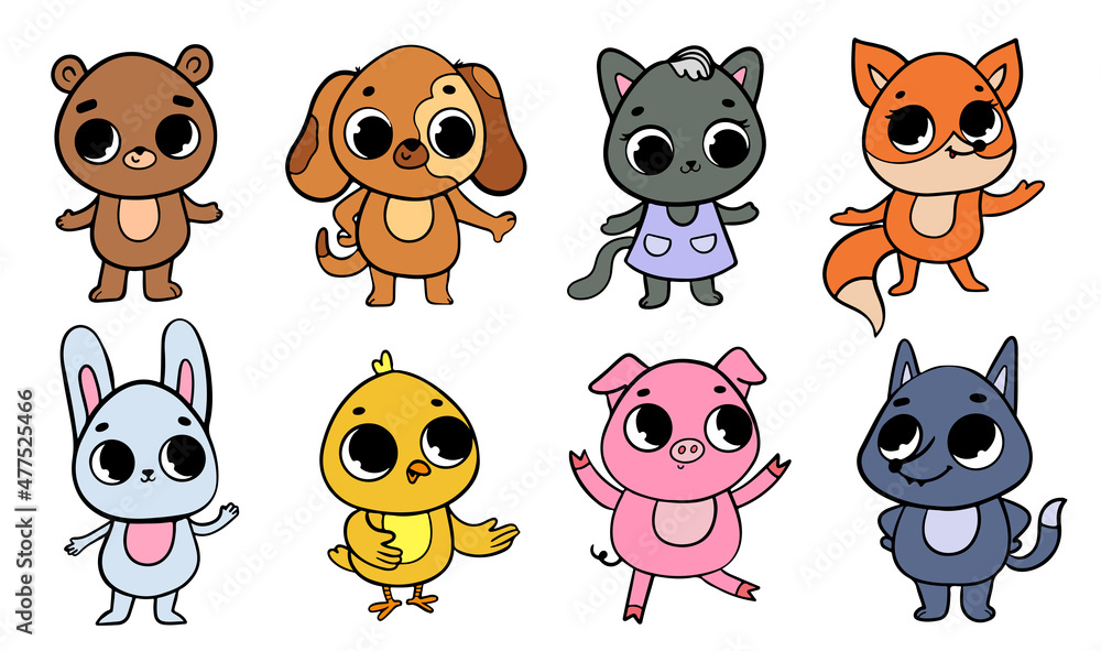 Set of cute cartoon animals. Kawaii pets, wild and farm animals Set of cute cartoon animals. Kawaii pets, wild and farm animals