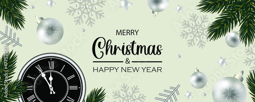 Merry Christmas and Happy New Year trendy banner. Metallic glittering balls, snowflakes and an antique Roman clock with green spruce branches. Vector