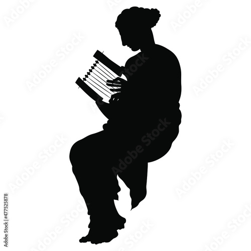 Sitting ancient Greek woman or muse playing the lyre. Black silhouette on white background.