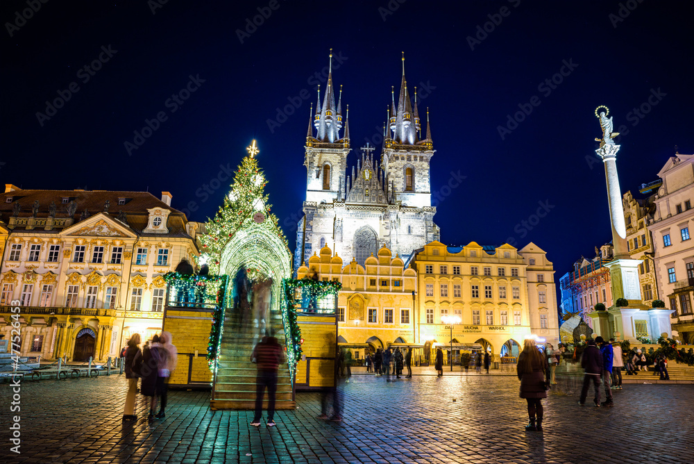 Prague, Czech republic - December 29, 2021. Night photo of Old Town Square without Christmas markets banned due Coronavirus caused empty streets without tourists