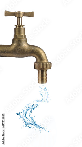 A brass tap with a splash of water coming from it, isolated on white.