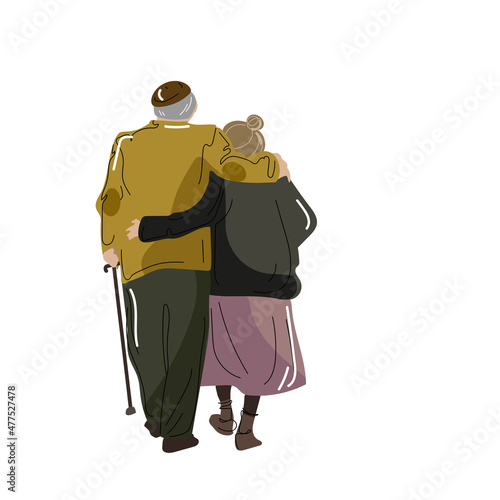 Old people walking and hugging.Vector illustration of an elderly couple grandmother and grandfather walking Back view.Illustration isolated on a white background