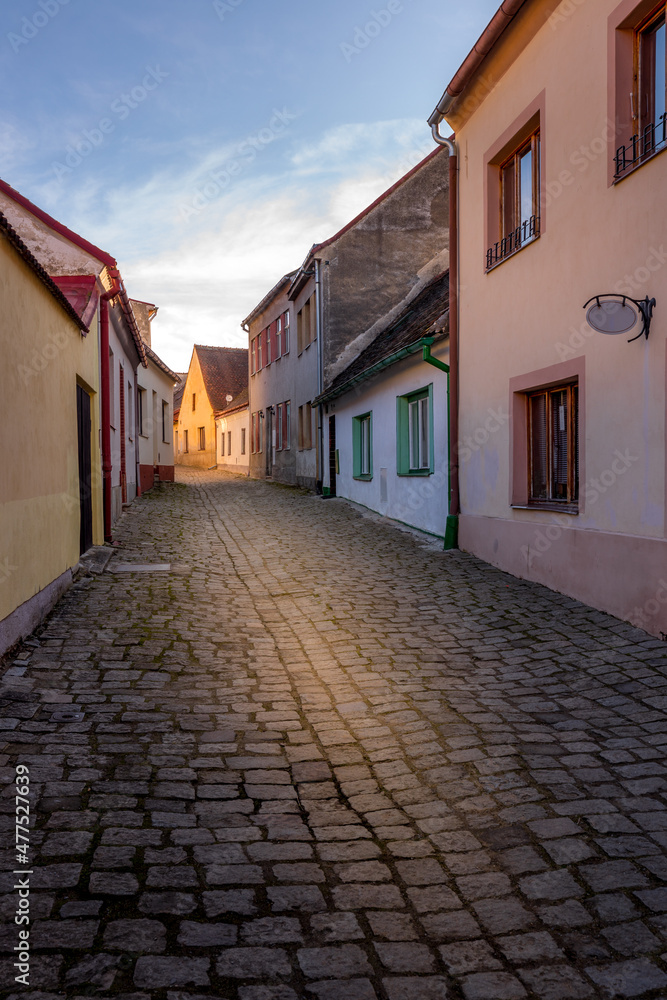 Picturesque streets and decorative houses in Telc. The picturesque castle and the historic center with the decorative facades of the houses belong to the UNESCO World Heritage Site, Czech Republic.