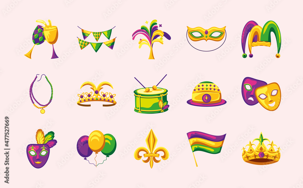 mardi gras icons set mardi gras icons set