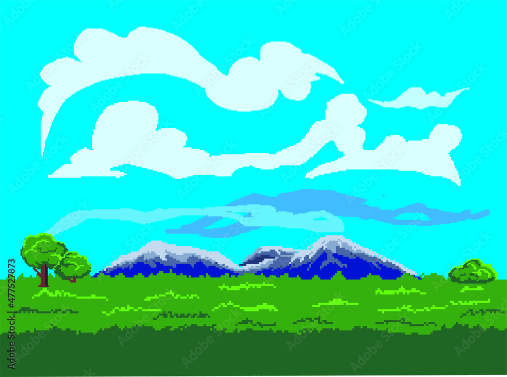 Pixel art game location. grass, trees, sky, clouds vector illustration