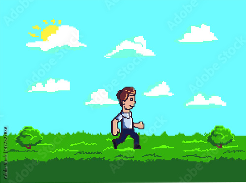 Pixel art game location grass, trees, sky, clouds, character vector illustration