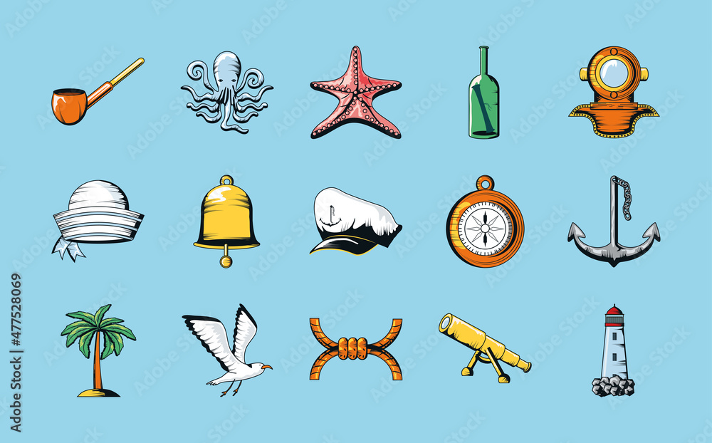 nautical sea life icons Stock Vector