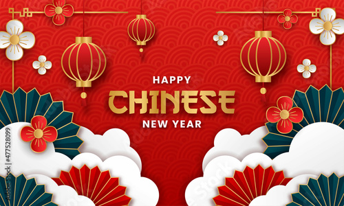 Happy chinese new year paper style vector design. Flyer or poster chinese new year with lantern and chinese cloud themed.