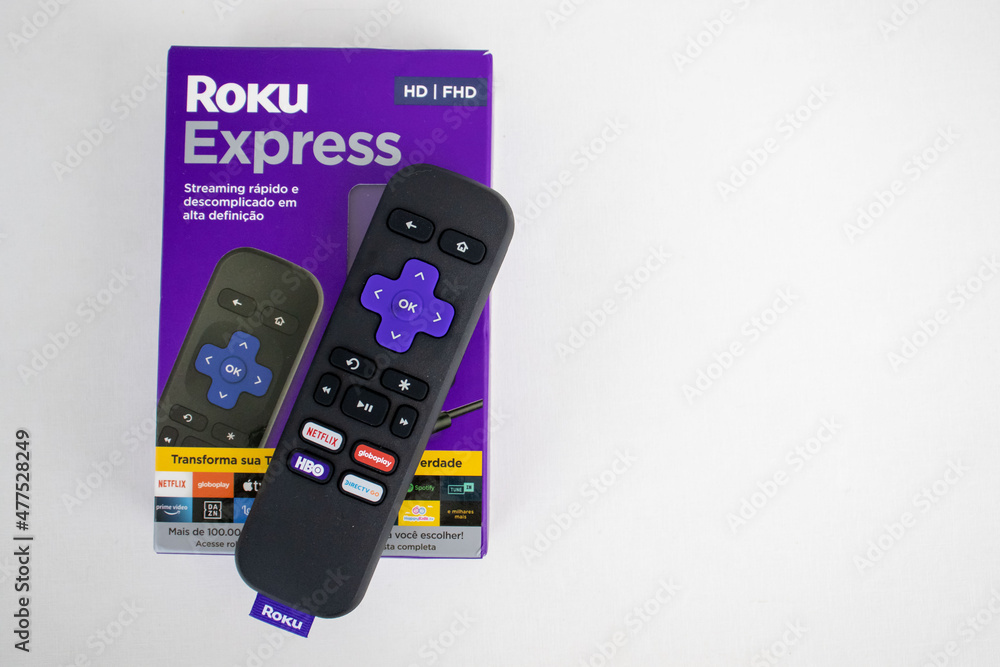 Roku Express, TV box device with streaming service in Brazil and infrared  remote control - with HBO Max, "Globoplay", Netflix, Spotify and others.  Stock Photo | Adobe Stock