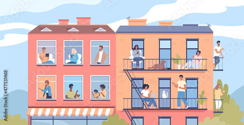 Happy neighbors in their apartments have fun and communicate with each other. Colorful characters design vector illustration