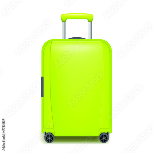 Realistic green wheeled travel bag with hand. Plastic travel suitcase. 3D rendering isolated on white background.