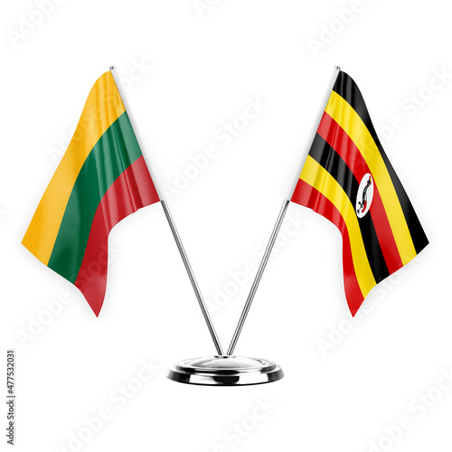 Two table flags isolated on white background 3d illustration, lithuania and uganda