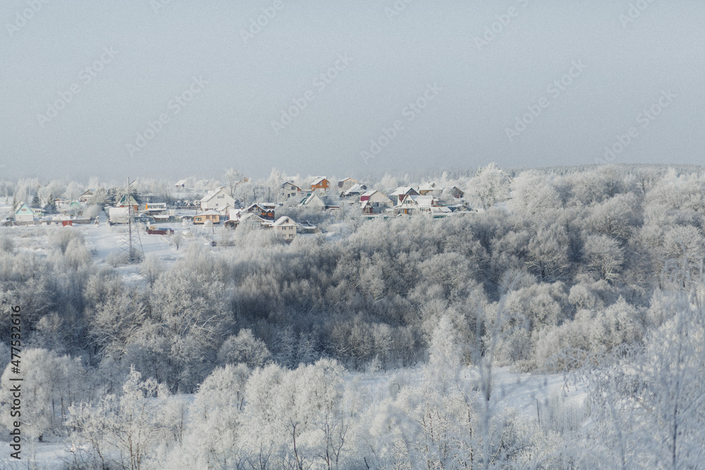 Winter landscape with trees covered with hoarfrost.