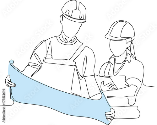 One continuous line drawing of young construction coordinator discussing construction design plan to team member. Building architecture business concept. Single line draw design graphic illustration.