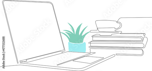 Continuous line drawing of a desktop with modern devices and office stationery. Workspace. Home workplace. Phone and laptop on table decorated with room flower, statuette. Vector illustration