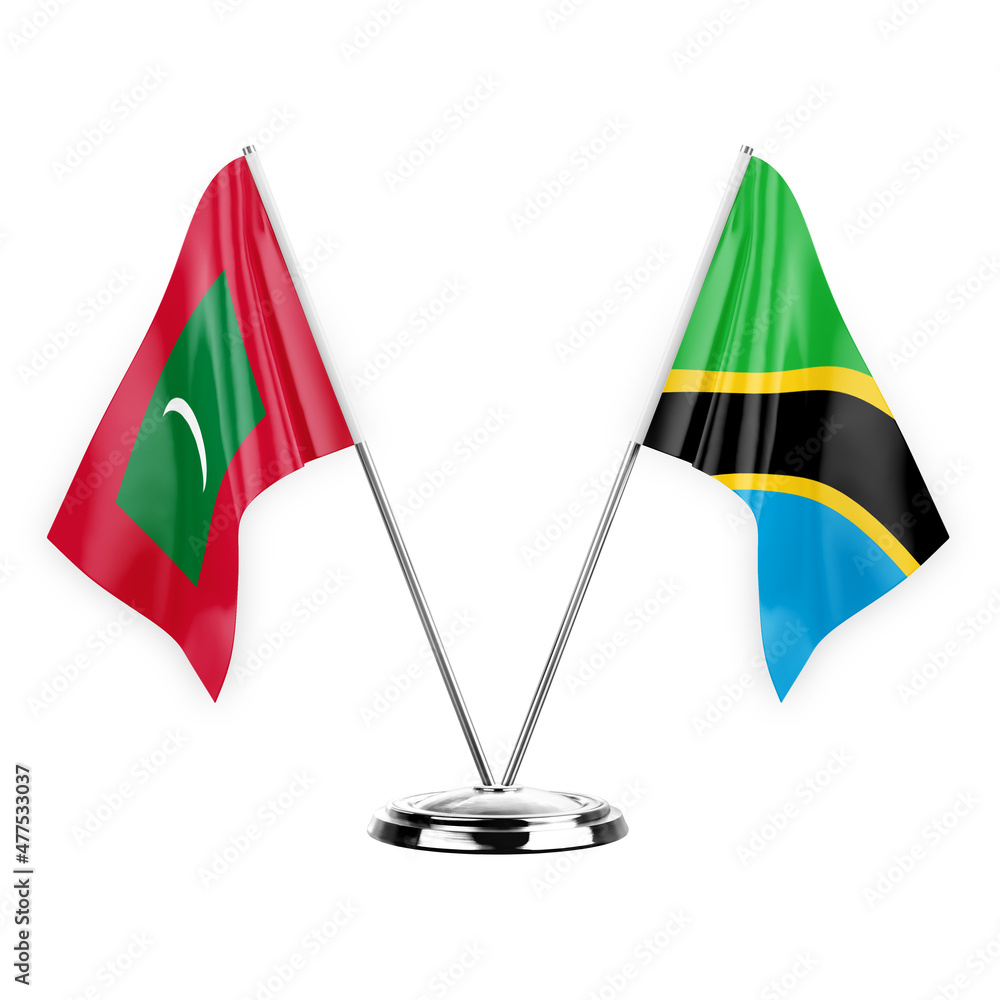 Two table flags isolated on white background 3d illustration, maldives and tanzania - obrazy, fototapety, plakaty 