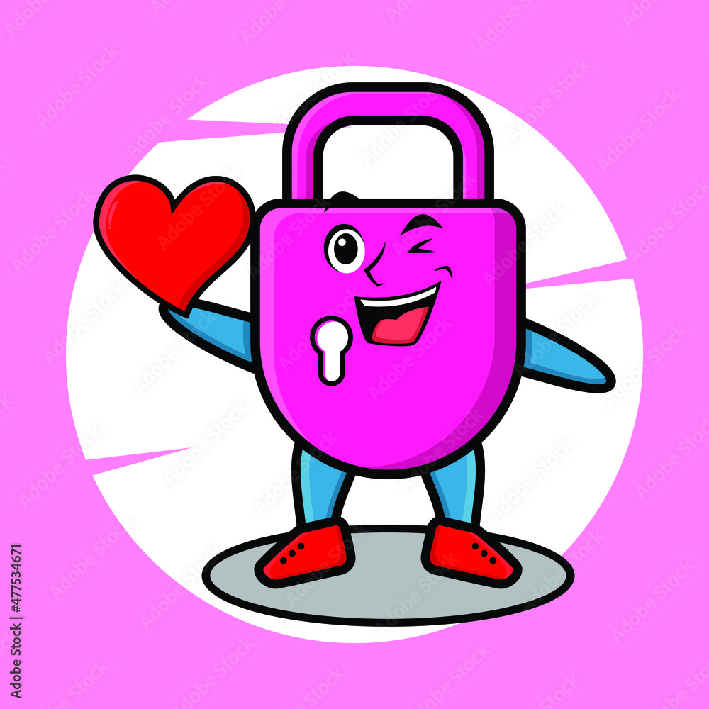 Cute cartoon lock mascot holding big red heart for t-shirt, sticker, and logo element Cute cartoon lock mascot holding big red heart for t-shirt, sticker, and logo element