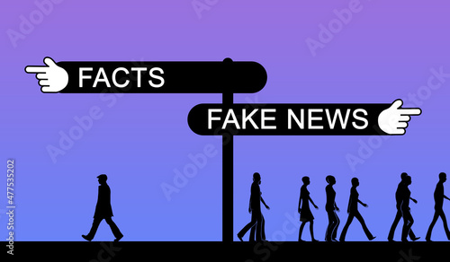 Fake News VS Facts Concept Idea with Walking People. Crowd and Individual individual Unique Man. Difference and Social Believes 