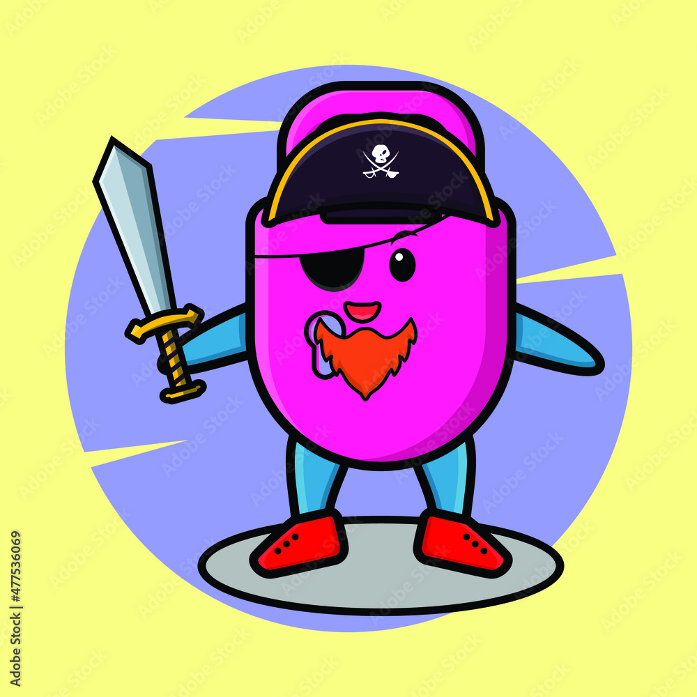 Cute cartoon lock pirate with hat and holding sword in modern design for t shirt, sticker, logo element Cute cartoon lock pirate with hat and holding sword in modern design for t shirt, sticker, logo element