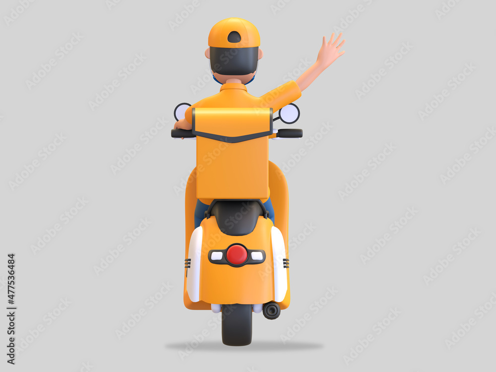 orange uniform courier wearing cap and mask riding scooter waving hand 3d render illustration orange uniform courier wearing cap and mask riding scooter waving hand 3d render illustration