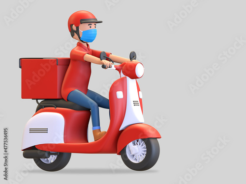red uniform courier wearing helmet and mask riding scooter 3d render illustration