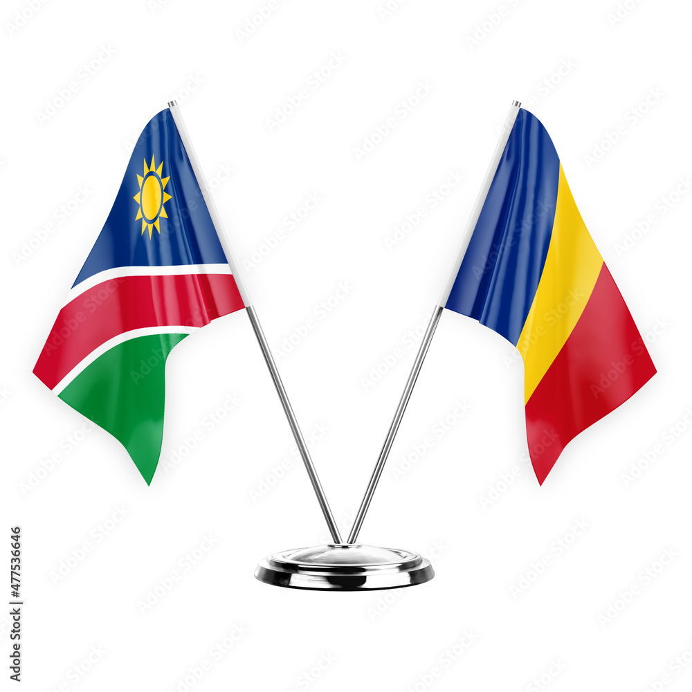 Two table flags isolated on white background 3d illustration, namibia and romania Two table flags isolated on white background 3d illustration, namibia and romania