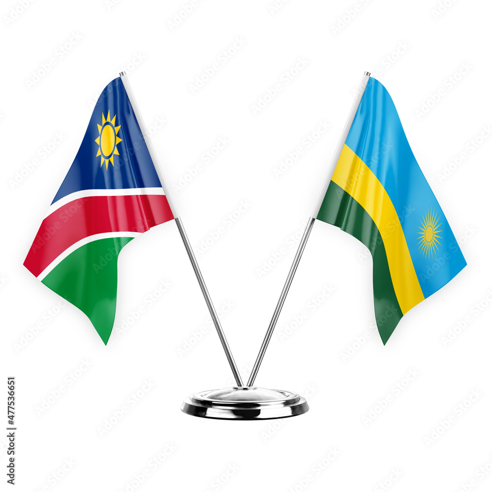 Two table flags isolated on white background 3d illustration, namibia and rwanda Two table flags isolated on white background 3d illustration, namibia and rwanda