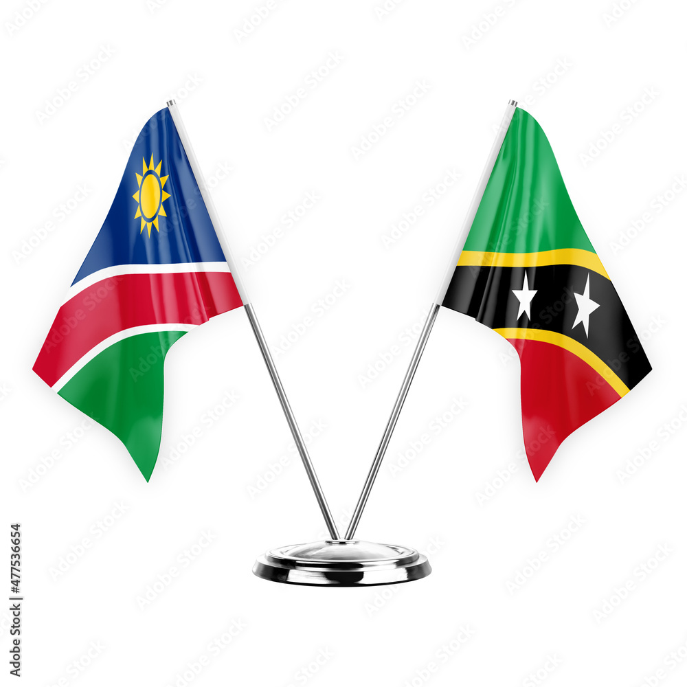 Two table flags isolated on white background 3d illustration, namibia and saint kitts and venis Two table flags isolated on white background 3d illustration, namibia and saint kitts and venis