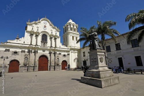 Popayan, Colombia: A bronze statue of priest and socialist Camilo Torres stands in front of the colonial Catholic San Francisco Church (Iglesia San Francisco) in the 