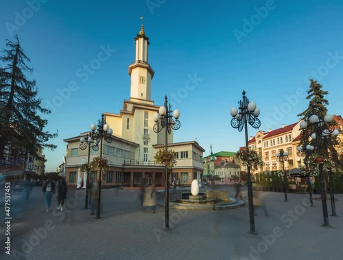 Day to night Time-lapse of City Hall in Ivano-Frankivsk photo