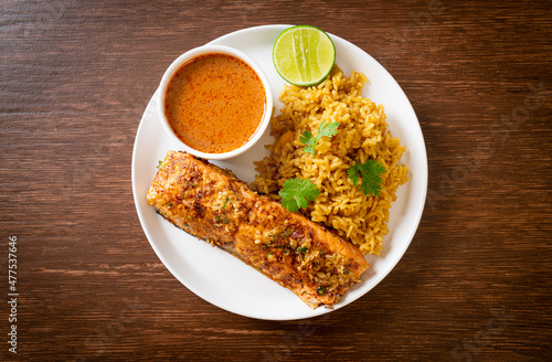 masala rice with salmon tandoori photo