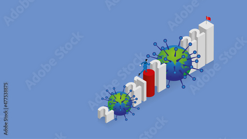 A pandemic of COVID-19 coronavirus over the year. A text number is arranged in step. Businessman overcomes obstacles and across the 2021 year and starts a new fight in 2022 with a red flag at the end.
