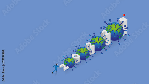 Business concept of overcoming obstacles, economic crisis, and coronavirus. Businessmen confront number 2022 in step and a red flag on top. Start a new fight against the pandemic of virus COVID-19.