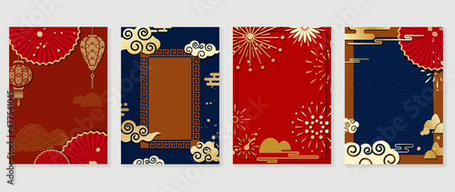 Chinese New Year covers background vectors. Luxury background design with gold Chinese  lantern and oriental decorative element for Asian Lunar New Year holiday cover, poster, ad and sale banner.
