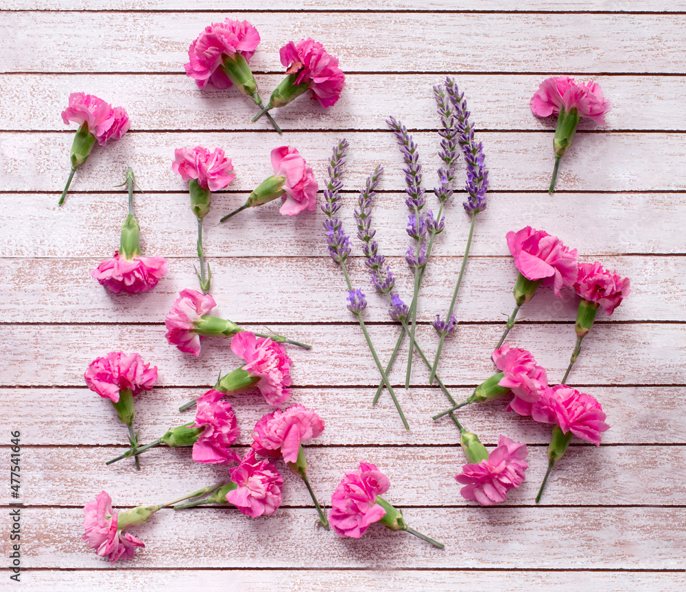 carnations and lavender on whitewash wood background carnations and lavender on whitewash wood background