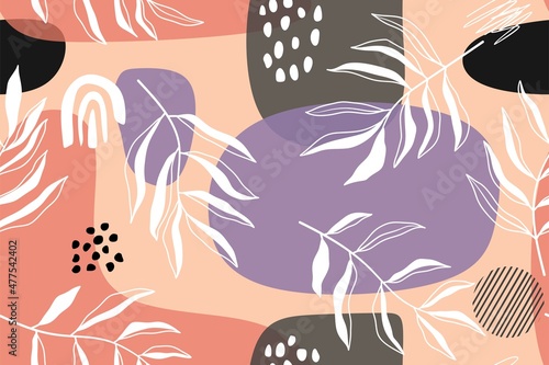 Hand drawn tropical leaves with seamless pattern. Botanical trendy design in multiple colors. Vector repeat design for fabric, wallpaper or wrapping paper. 