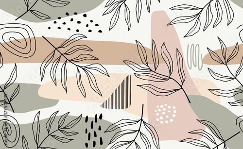 Hand drawn tropical leaves with seamless pattern. Botanical trendy design in multiple colors. Vector repeat design for fabric, wallpaper or wrapping paper. 