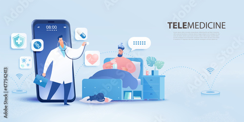 Telemedicine concept banner. Patient visiting doctor using online technology through smartphone app. Vector illustration.