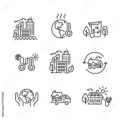 Global warming and sustainable city icons set. Pixel perfect, editable stroke