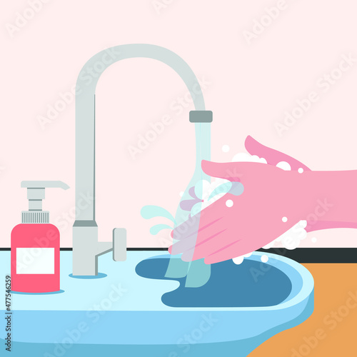 Male is washing his hands to keep them clean and free from bacteria. vector colorful illustration. Washing.