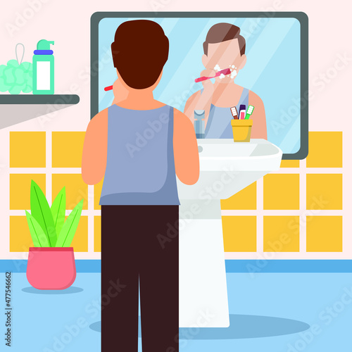 male is brushing his teeth in front of the mirror, to get ready go to work. Vector colorful illustration. Bath activity.