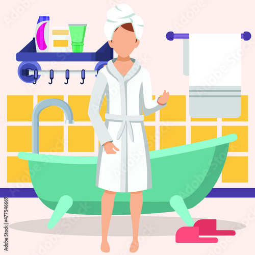 Male just finished showering and soaking in the tub and getting ready to go to work. Vector colorful illustration. Bath activity. Design.