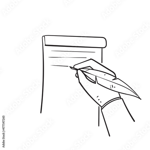 hand drawn doodle hand holding quill pen with writing gesture illustration