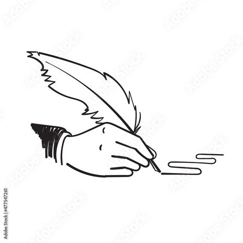 hand drawn doodle hand holding quill pen with writing gesture illustration